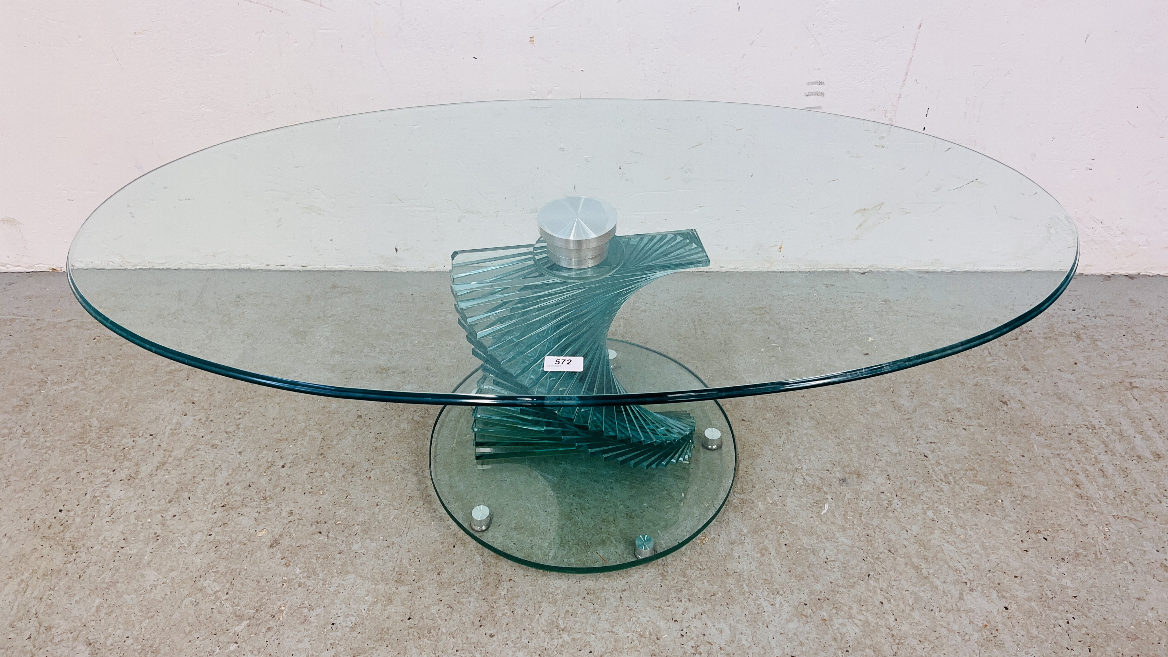 DESIGNER GLASS PEDESTAL COFFEE TABLE WITH OVAL TOP - L 120CM. X W 66CM. X H 45CM.