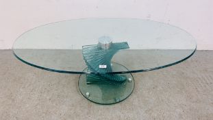 DESIGNER GLASS PEDESTAL COFFEE TABLE WITH OVAL TOP - L 120CM. X W 66CM. X H 45CM.