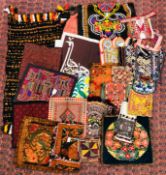 A BOX OF ASSORTED EASTERN AND PERSIAN STYLE HAND CRAFTED NEEDLEWORK AND EMBROIDERY PANELS AND