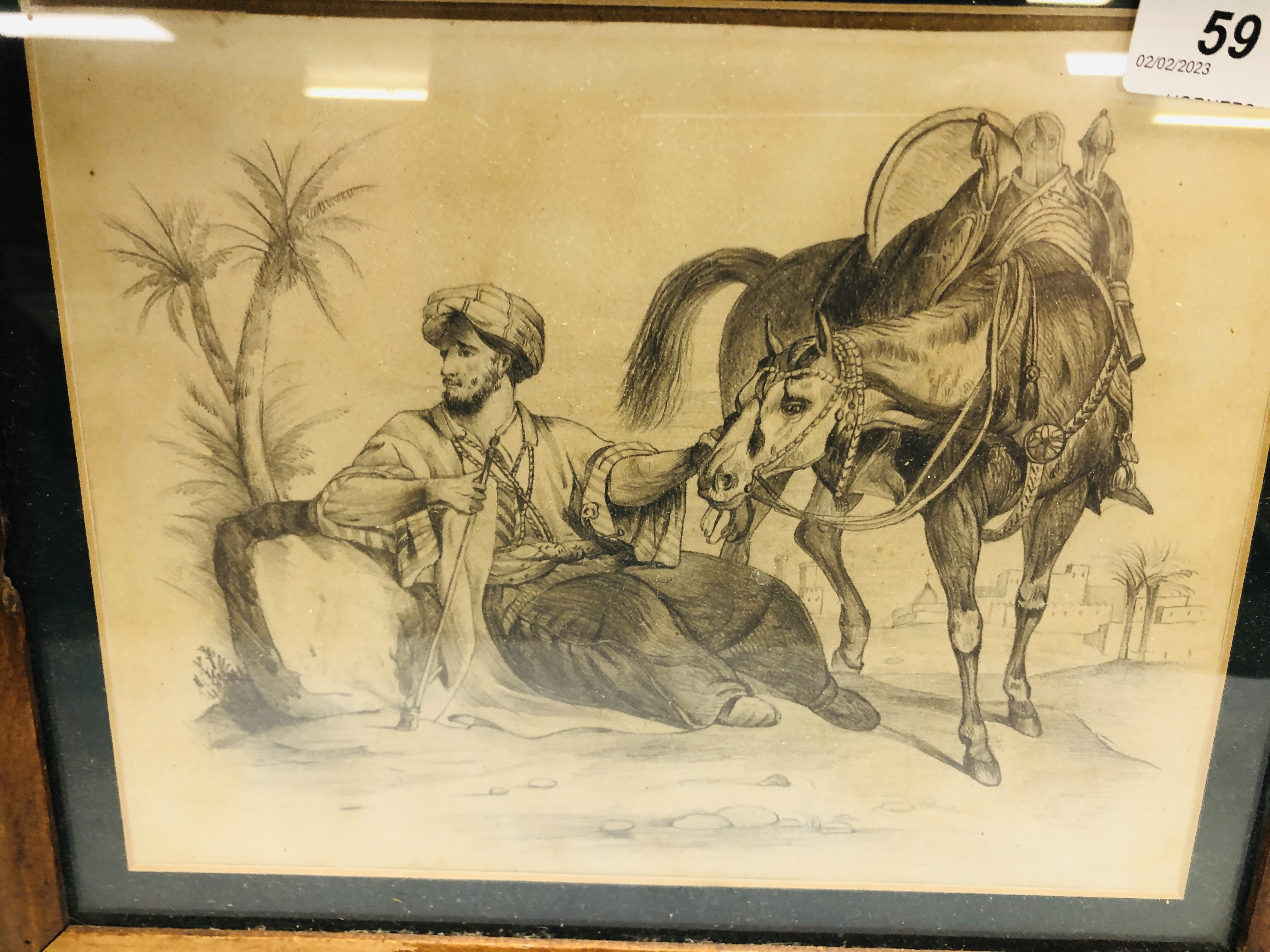 A C19TH. PENCIL DRAWING OF A SEATED AFGHAN MAN WITH HORSE, UNSIGNED 18.5 X 24CM. - Image 2 of 2