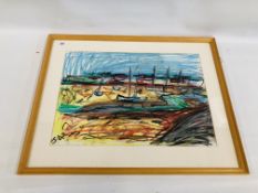 A PASTEL DRAWING OF MOORED YACHTS, SIGNED WITH MONOGRAM JAR 40 X 56CM.