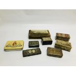 A COLLECTION OF ASSORTED SOUVENIR CIGARETTE AND COMMEMORATIVE BOXES AND TINS TO INCLUDE A BRASS