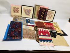 A BOX OF ASSORTED TEXTILE SAMPLES TO INCLUDE A PAIR OF FRAMED EMBROIDERIES, ETC.