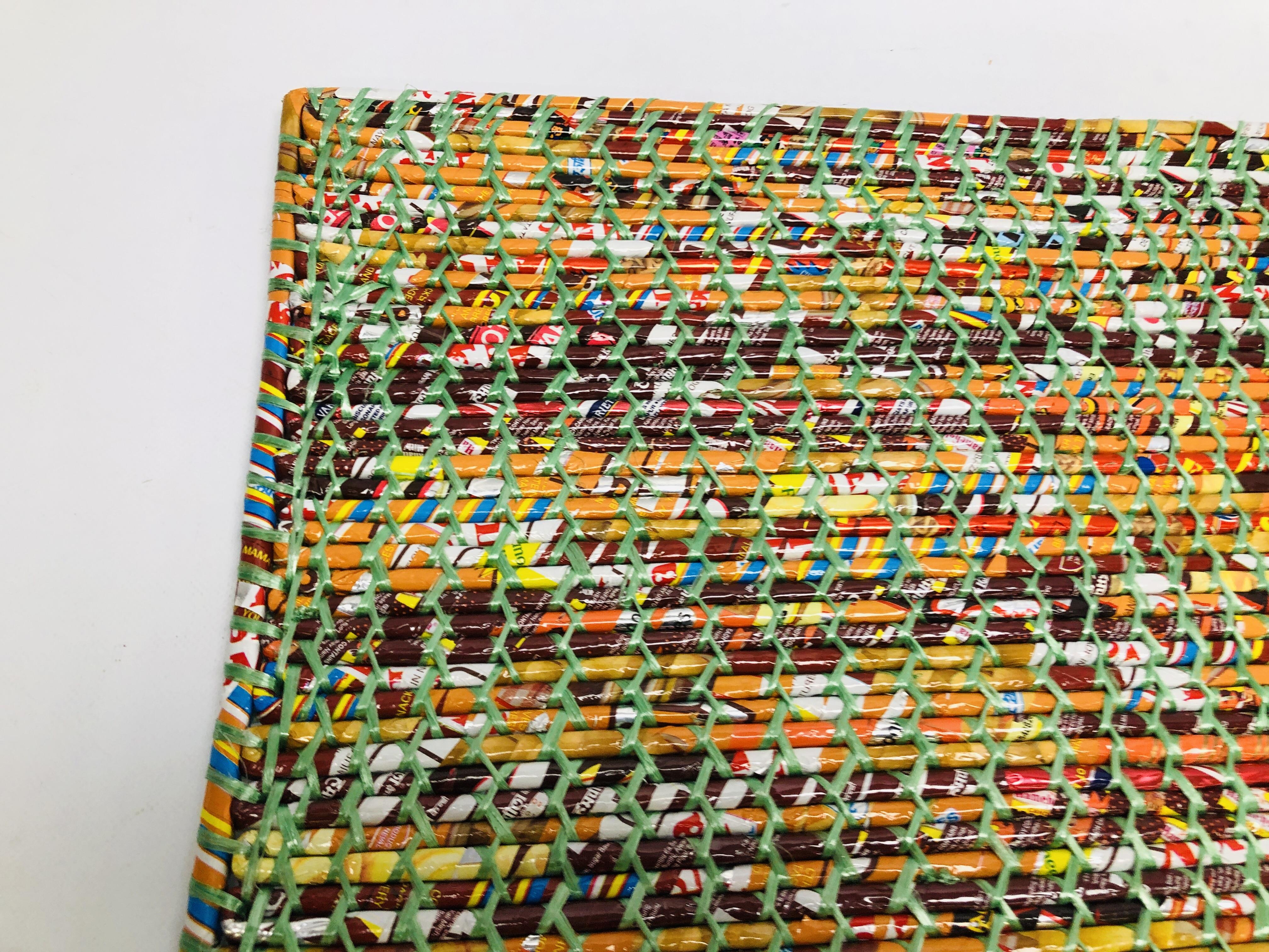 MODERN AFGHAN MAT MADE FROM TWISTED PAPER, SWEET AND OTHER WRAPPERS 71.5 X 47CM. - Image 3 of 5