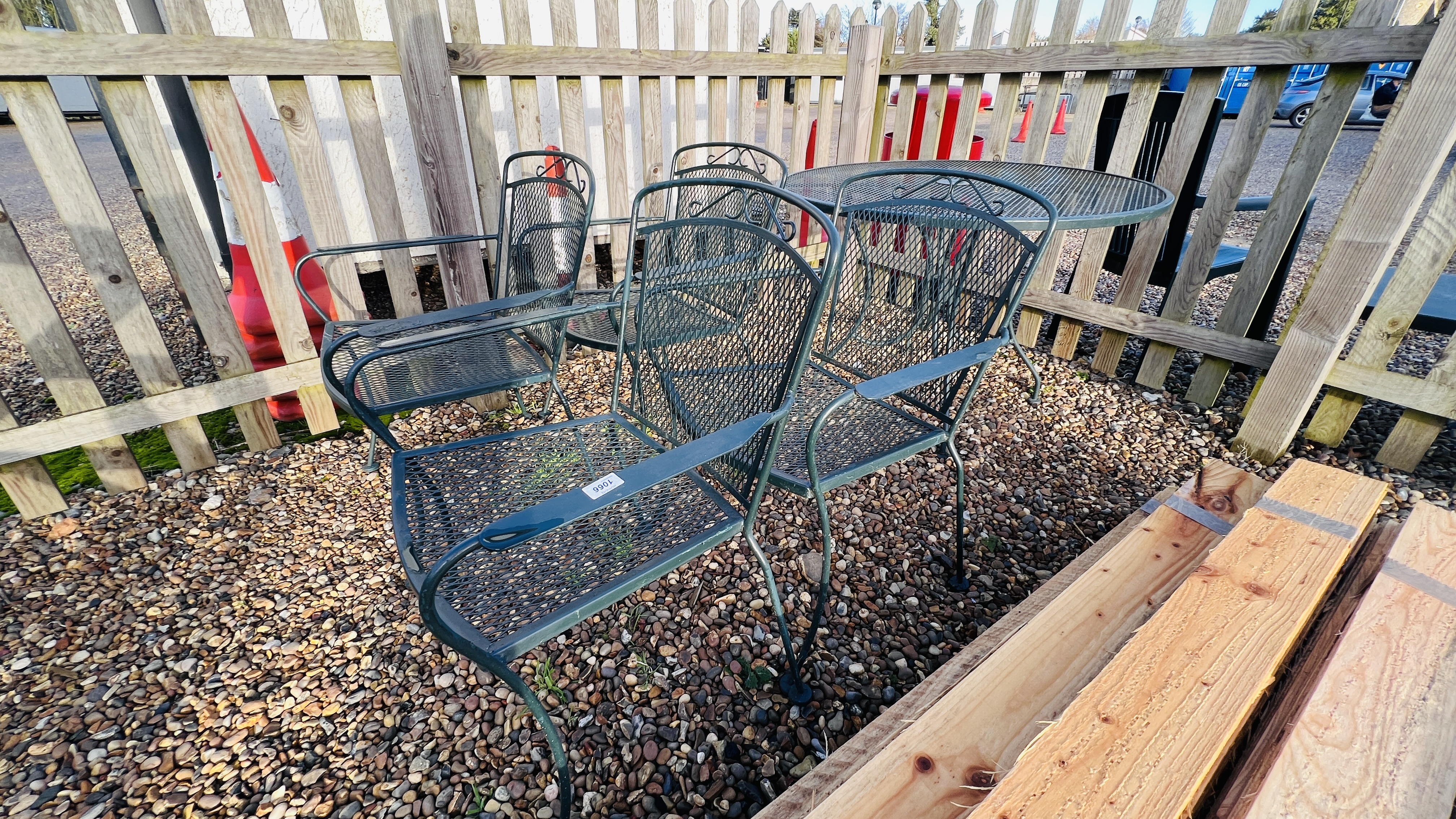 METAL PATIO FURNITURE SET - TABLE, FOUR CHAIRS AND PARASOL.