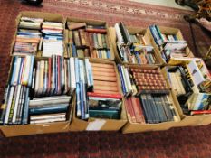 8 large boxes containing a variety of subjects: arts, travel, history, geography, classics.