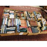 8 large boxes containing a variety of subjects: arts, travel, history, geography, classics.