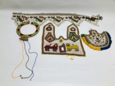 A COLLECTION OF INDIAN INSPIRED BEAD WORK EXAMPLES TO INCLUDE A TRIBAL NECK COLLAR.