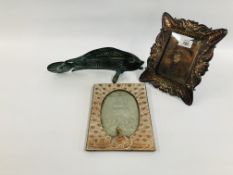 A VINTAGE BRONZED CARP 31CM L ALONG WITH ART NOUVEAU STYLE COPPER PHOTO FRAME 27CM H X 18.