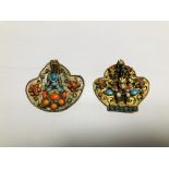 TWO ELABORATE EASTERN STYLE GILDED BROOCHES DEPICTING GODDESS, INSET WITH COLOURED STONES.