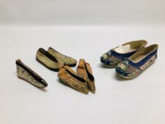 THREE PAIRS OF EMBROIDERED AFGHAN SHOES AND ONE SINGLE SHOE, PROBABLY EARLY C20TH,