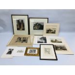 A GROUP OF FRAMED AND UNFRAMED ETCHINGS MANY OF LOCAL INTEREST TO INCLUDE STRANGERS HALL BEARING