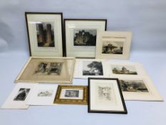 A GROUP OF FRAMED AND UNFRAMED ETCHINGS MANY OF LOCAL INTEREST TO INCLUDE STRANGERS HALL BEARING