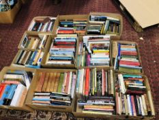 12 BOXES OF MIXED BOOKS RELATING TO TRAVEL, HISTORY, WORKS OF ART, ETC.