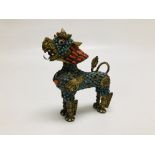 A VINTAGE TIBETAN STYLE PERFUME BOTTLE IN THE FORM OF A FOO DOG INSET WITH COLOURED STONES,