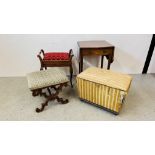 4 PIECES OF ANTIQUE OCCASIONAL FURNITURE TO INCLUDE, CARVED OAK FRAMED UPHOLSTERED FOOT STOOL,