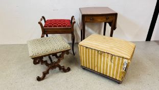 4 PIECES OF ANTIQUE OCCASIONAL FURNITURE TO INCLUDE, CARVED OAK FRAMED UPHOLSTERED FOOT STOOL,