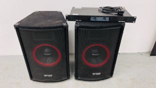 A PAIR OF JBS SYSTEMS TSX SERIES SPEAKERS WITH JBS SYSTEMS AMP 100.2 - SOLD AS SEEN.