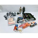 BOX OF VINTAGE ACTION MAN ITEMS INCLUDES 2 ACTION MAN FIGURES, CLOTHING AND ACCESSORIES.