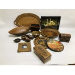 A BOX OF ASSORTED HAND CARVED MAINLY HARDWOOD ETHNIC ARTIFACTS COMPRISING OF VARIOUS VESSELS,