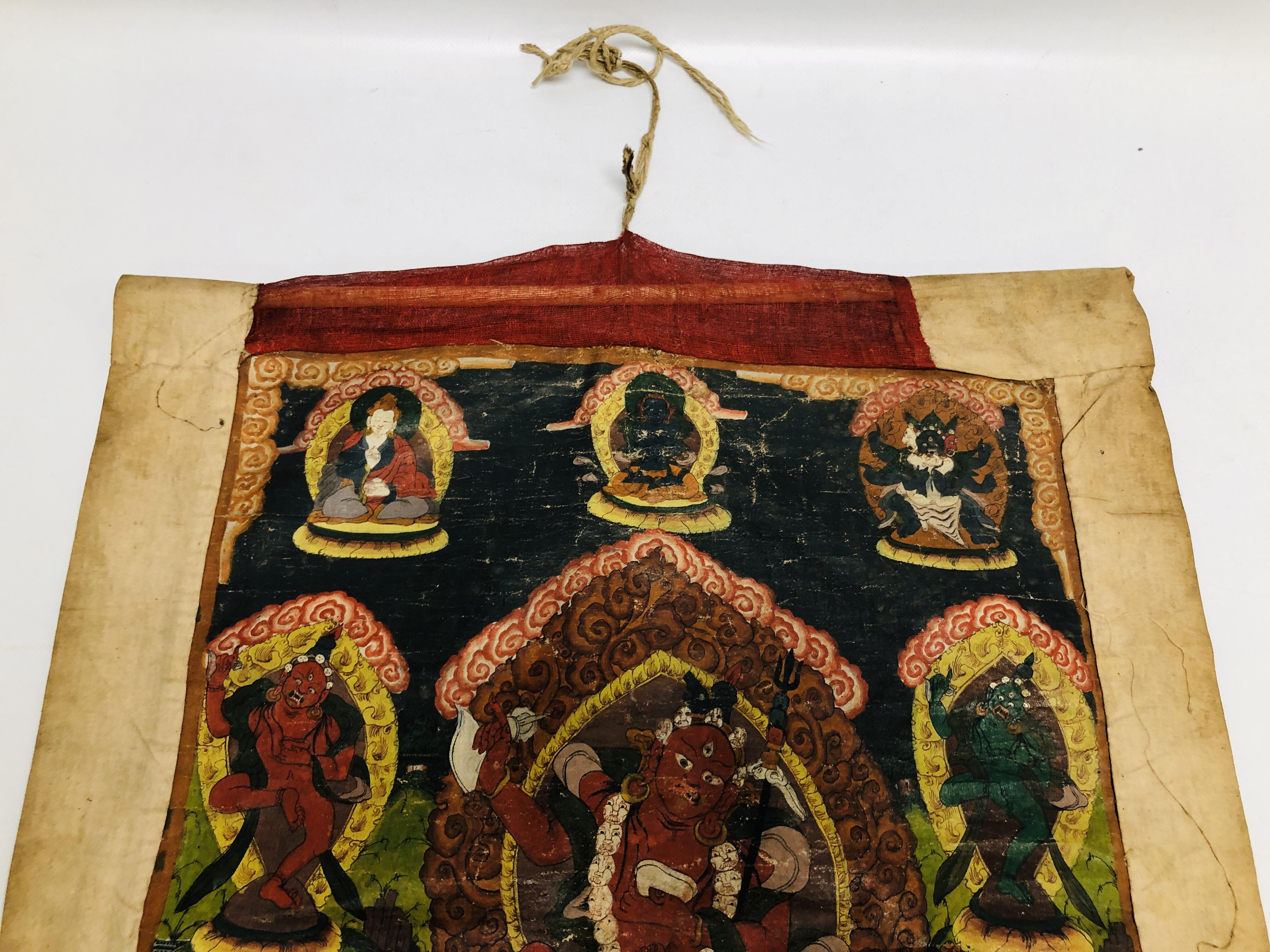 A TIBETAN THANGKA, DEPICTING CENTRAL DEITY SURROUNDED BY FURTHER FIGURES, PROBABLY YAMARAJA, - Image 2 of 17