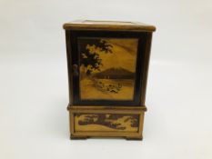 A VINTAGE ORIENTAL INLAID MARQUETRY CIGAR / CIGARETTE BOX W 6.5CM. X H 24CM.