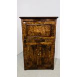 A BUREAU CABINET WITH STORAGE BASE AND GARLAND INLAY TO FRONT W 77CM. D 36CM. H 124CM.