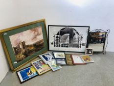 A GROUP OF ASSORTED PRINTS, MIXED MEDIA PICTURES, MIRROR ETC.