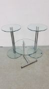 3 X DESIGNER GLASS AND CHROME OCCASIONAL TABLE.