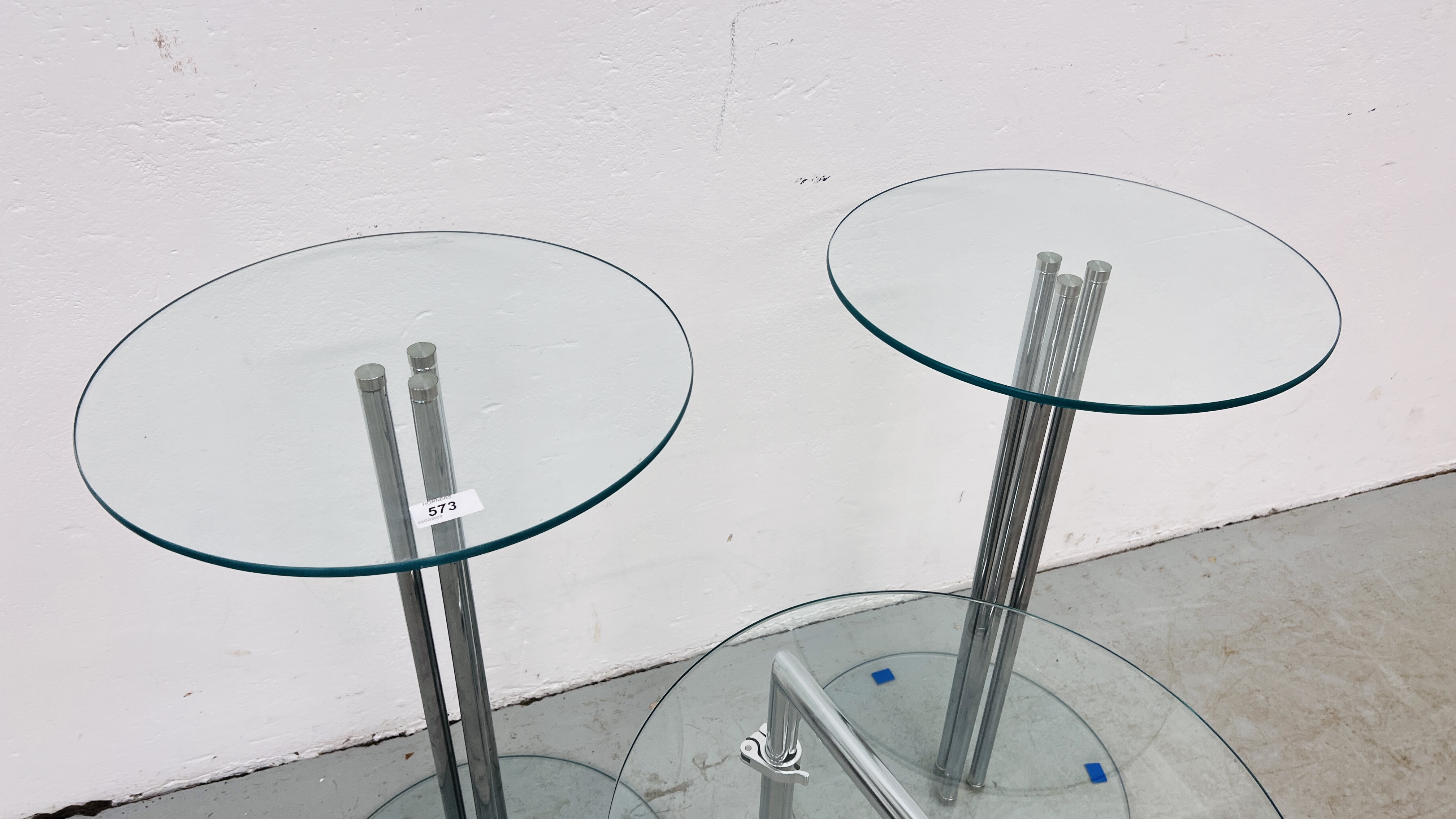 3 X DESIGNER GLASS AND CHROME OCCASIONAL TABLE. - Image 4 of 6