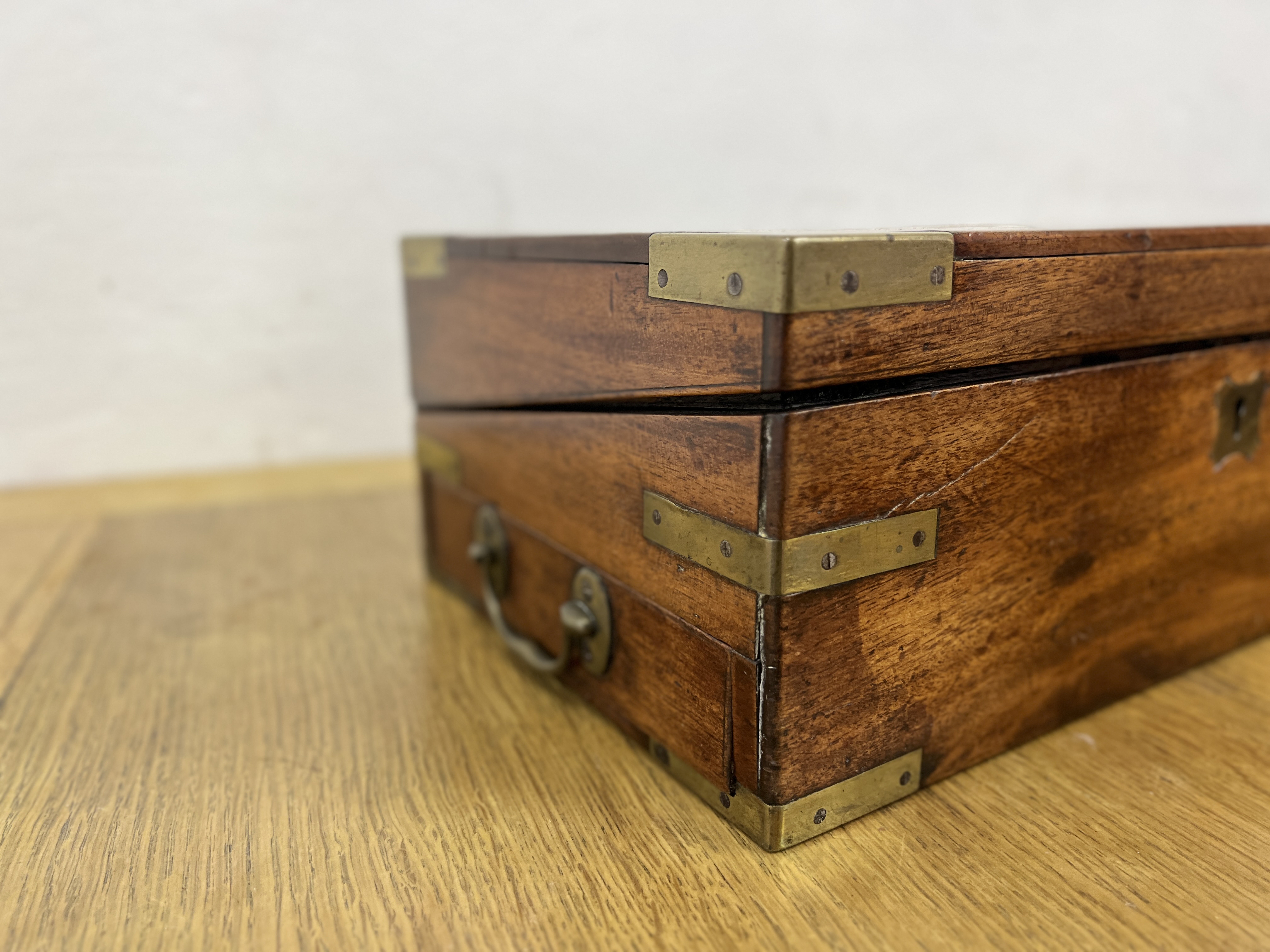 TWO ANTIQUE MAHOGANY BRASS BOUND WRITING SLOPES. - Image 13 of 18