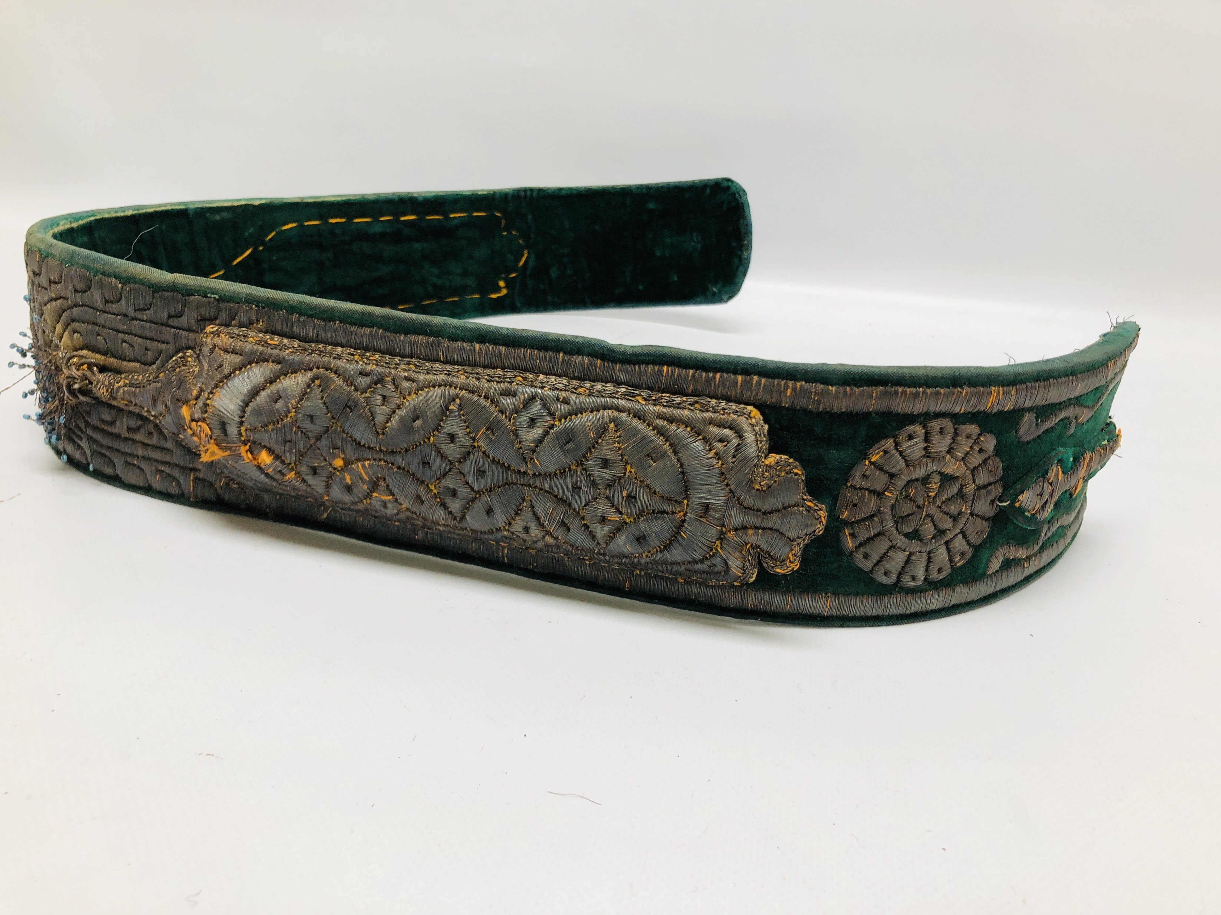 TWO MIDDLE EASTERN WOVEN BELTS ALONG WITH A VINTAGE METAL WORK THREADED PANEL - Image 7 of 11