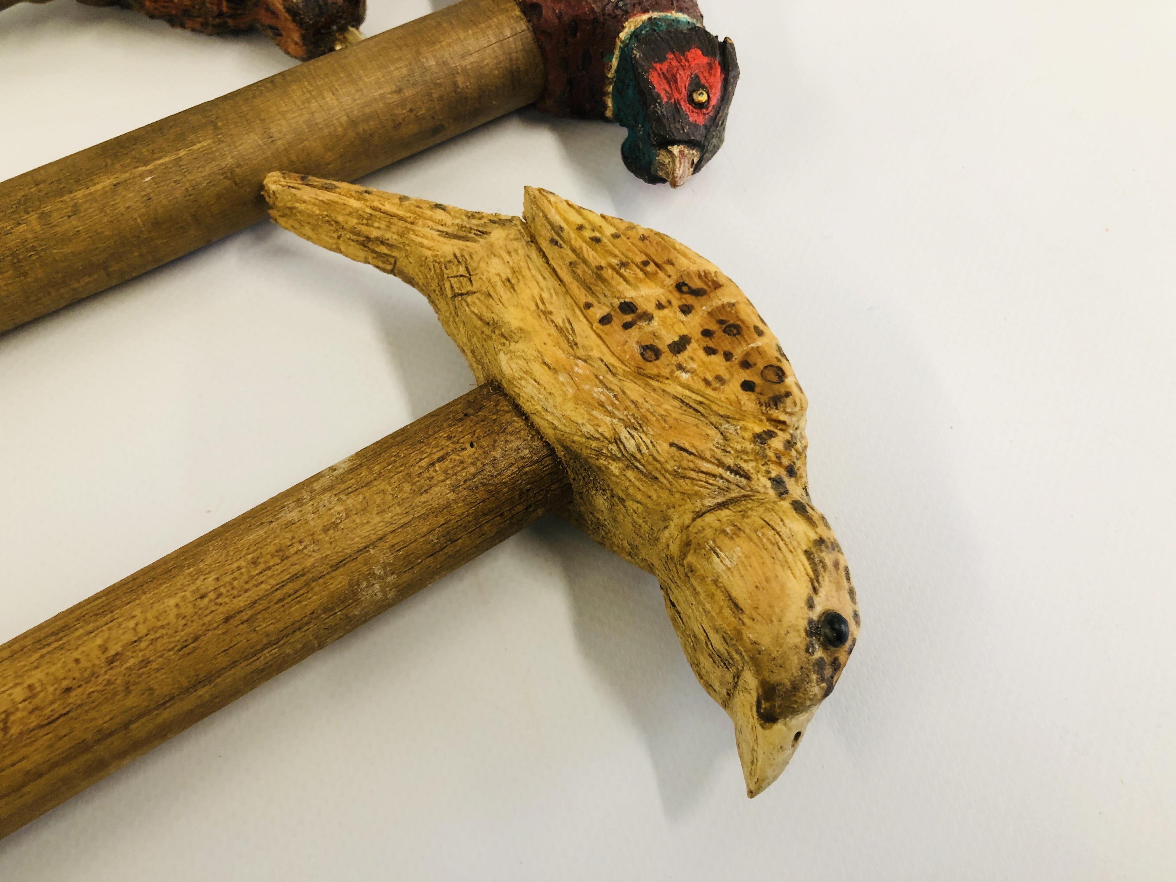 THREE HANDCARVED WALKING STICKS HAVING PHEASANTS AND SONGBIRD TO THE HANDLES. - Image 2 of 6