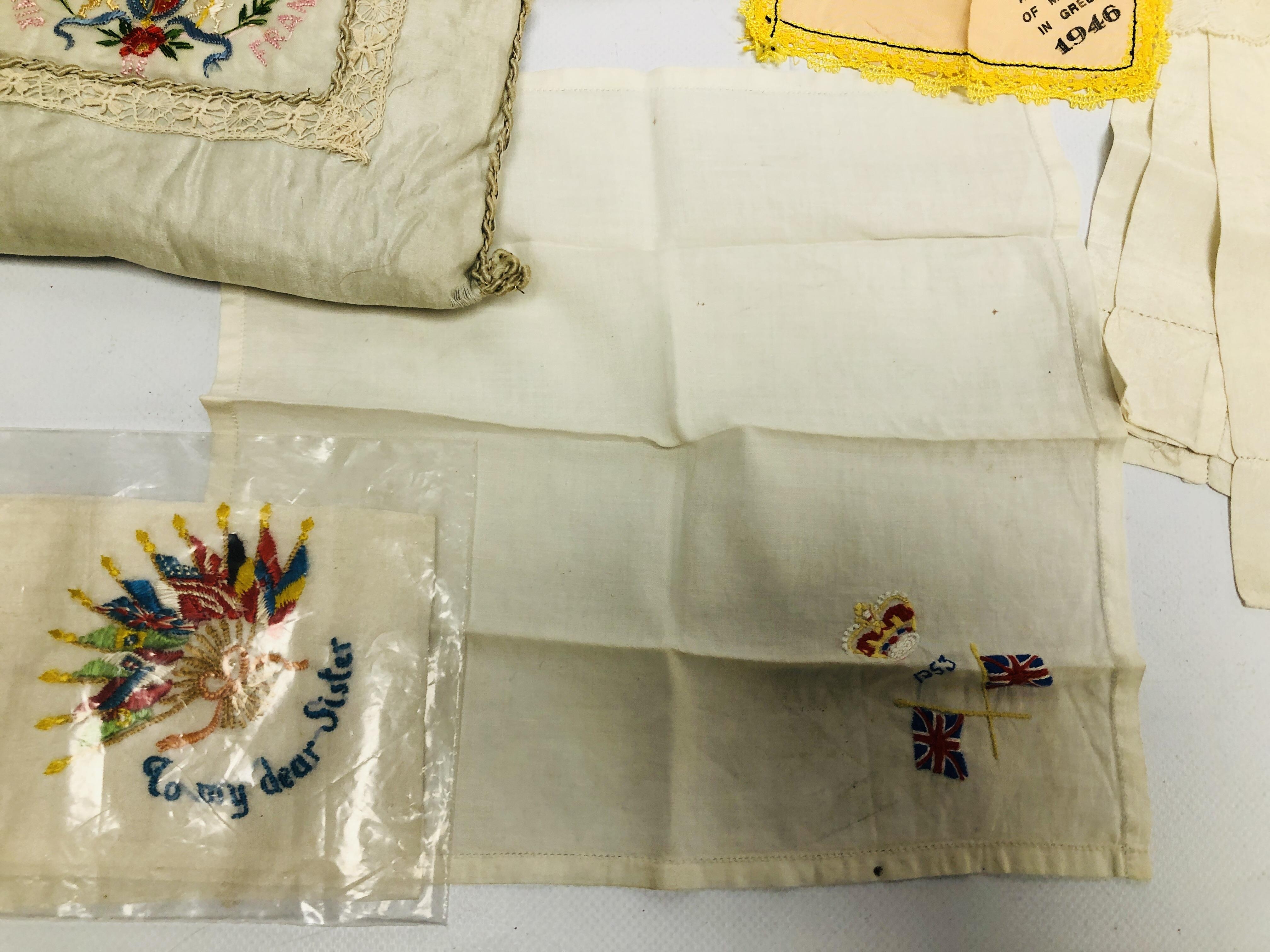 A GROUP OF VINTAGE SOUVENIR EMBROIDERIES INCLUDING A CORONATION HANDKERCHIEF 1953 AND A FRENCH - Image 2 of 9