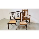 4 VARIOUS CHAIRS TO INCLUDE OAK FRAMED ARTS AND CRAFTS, A PAIR OF INLAID CHAIRS ETC.