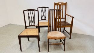 4 VARIOUS CHAIRS TO INCLUDE OAK FRAMED ARTS AND CRAFTS, A PAIR OF INLAID CHAIRS ETC.