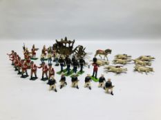 SELECTION OF VINTAGE LEAD SOLDIERS, HORSES AND A CARRIAGE.