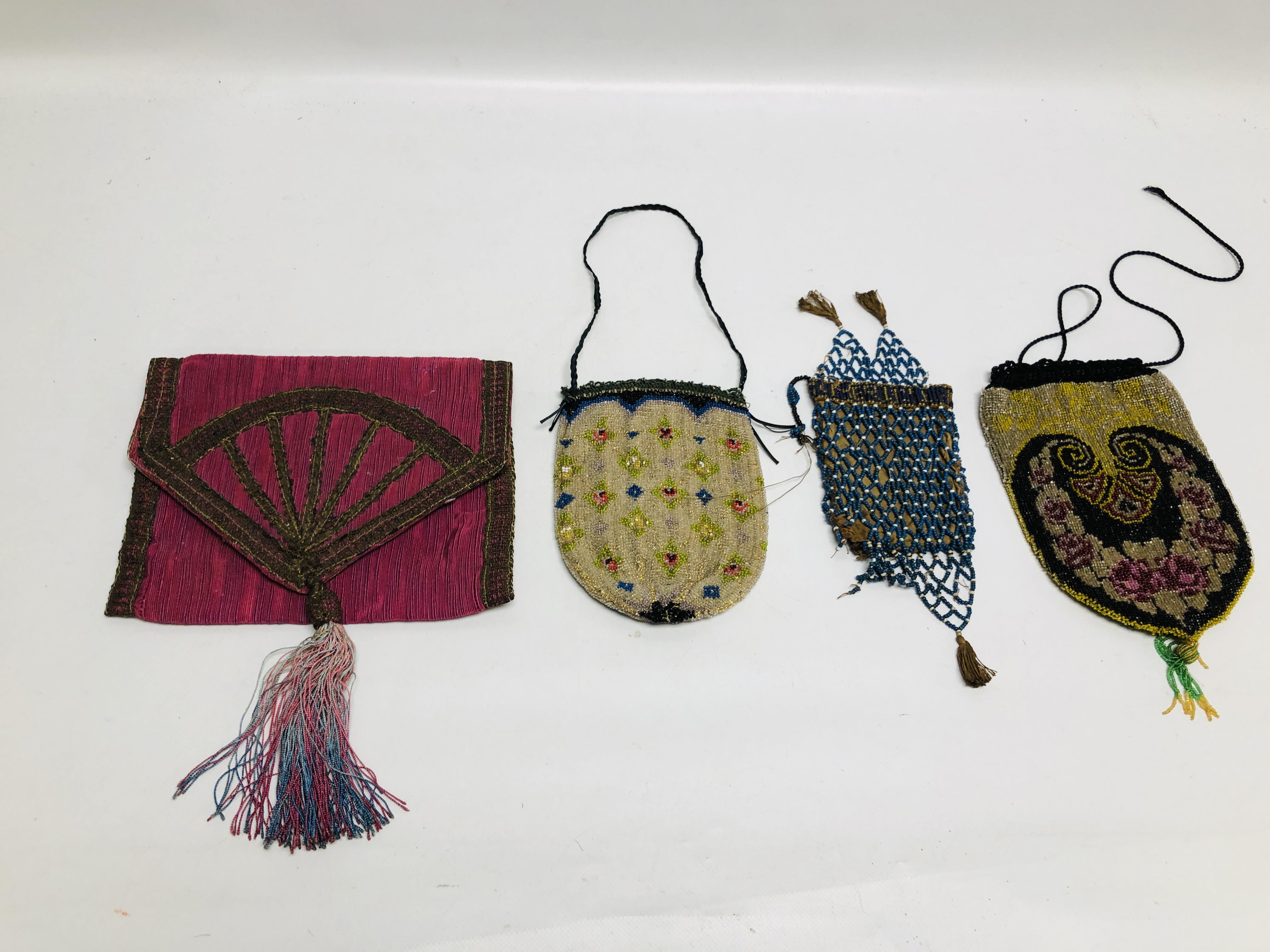 FOUR MID C20TH AFGHAN BAGS, TWO OF BEADED DESIGN,