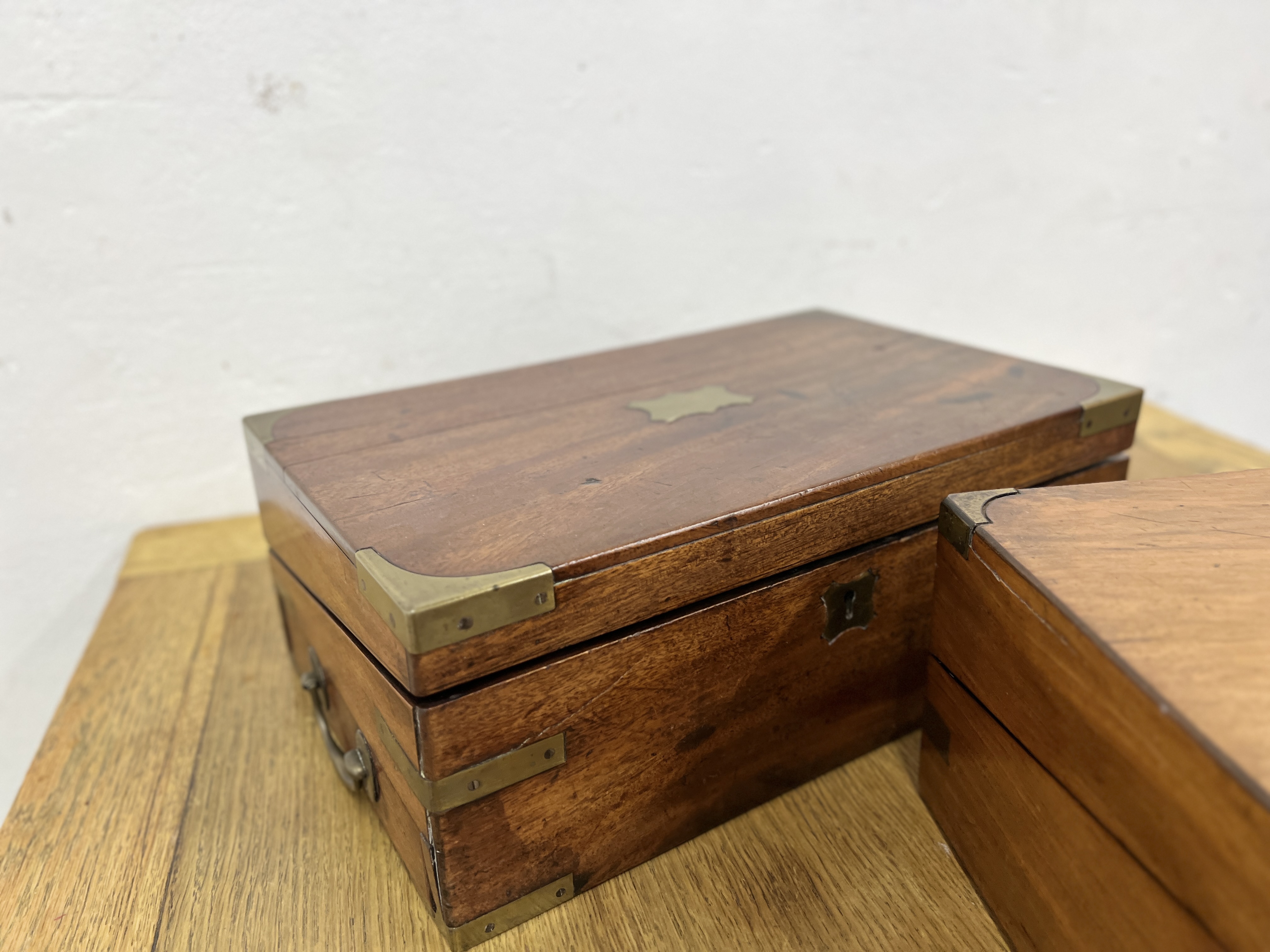 TWO ANTIQUE MAHOGANY BRASS BOUND WRITING SLOPES. - Image 4 of 18