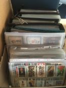 LARGE BOX CIGARETTE AND TRADE CARDS ON PLASTIC LEAVES IN FIVE ALBUMS, FOLDER AND LOOSE, SETS,
