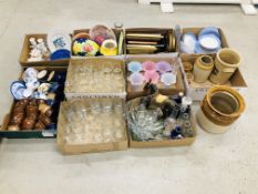 10 BOXES CONTAINING ASSORTED HOMEWARES TO INCLUDE GLASSES, TABLEWARES DECORATIVE POTTERY,