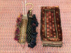 TWO AFGHAN WOVEN SHAWLS, TASSEL DETAIL ALONG WITH AN AFGHAN BAG WOVEN IN PANEL LENGTH 90CM.