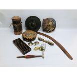 A GROUP OF VARIOUS MUSICAL INSTRUMENTS ALONG WITH A HARDWOOD ABACUS,