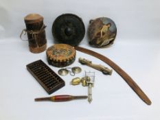 A GROUP OF VARIOUS MUSICAL INSTRUMENTS ALONG WITH A HARDWOOD ABACUS,