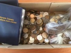 BOX OF MIXED MAINLY OVERSEAS COINS, TOKENS ETC. IN TWO FOLDERS AND LOOSE.