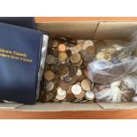 BOX OF MIXED MAINLY OVERSEAS COINS, TOKENS ETC. IN TWO FOLDERS AND LOOSE.