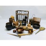 A BOX OF ASSORTED WOODEN ETHNIC ARTIFACTS COMPRISING OF VARIOUS VESSELS, HARDWOOD TANKARD,
