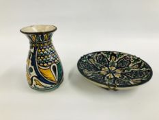 TWO PIECES OF HANDMADE MOROCCAN CERAMIC EXAMPLES, ONE BEARING INSCRIPTION.