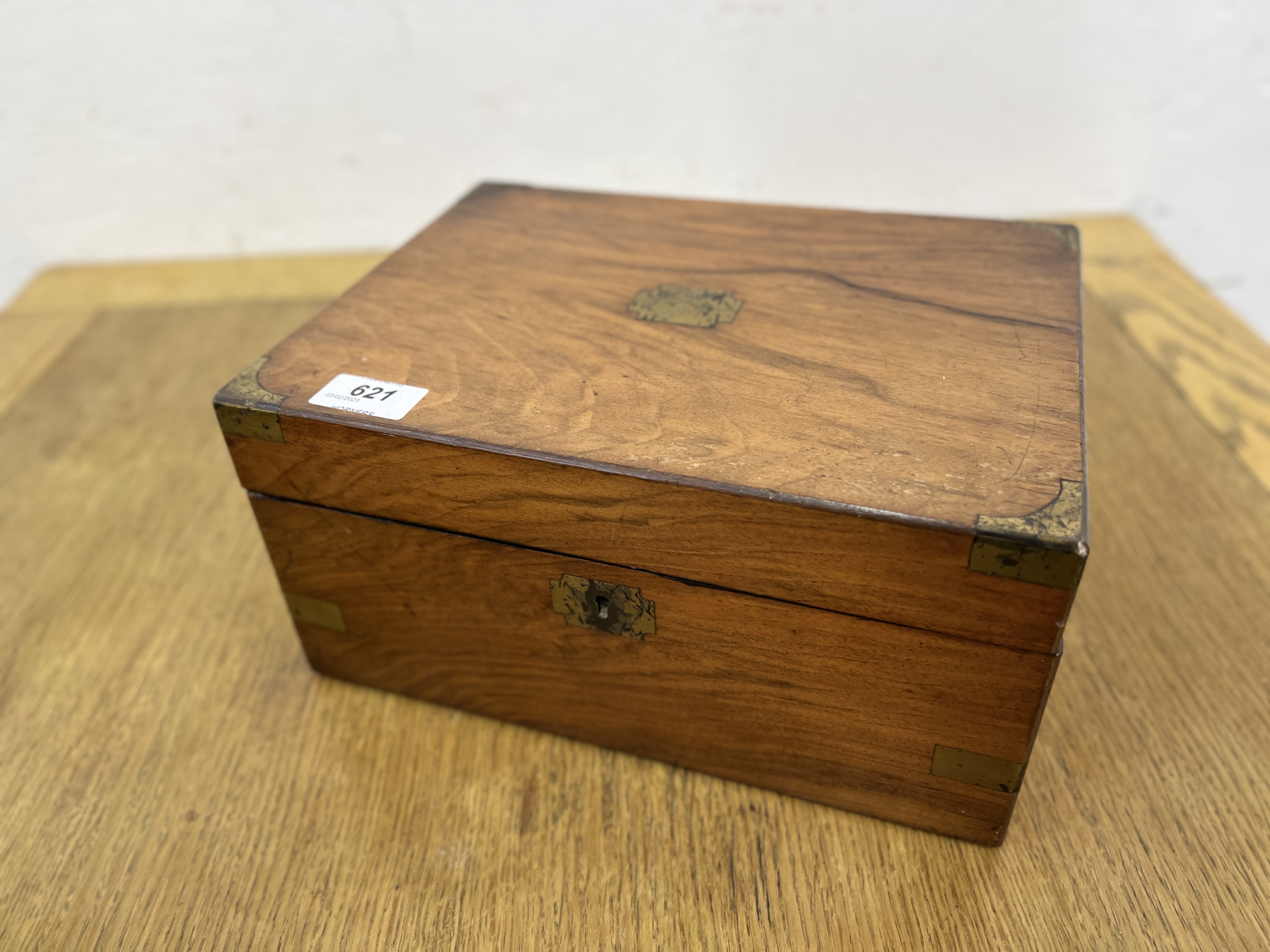 TWO ANTIQUE MAHOGANY BRASS BOUND WRITING SLOPES. - Image 5 of 18