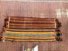 TWO AFGHAN FLAT WEAVES, PROBABLY CUSHION CASES WITH TASSELS LENGTH 220CM. AND 225CM.